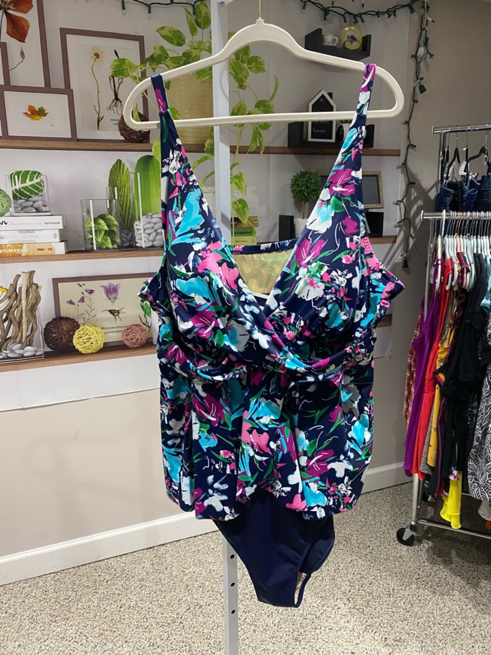 Swimsuits For All Navy Floral Swimdress with Teal and Pink Accents